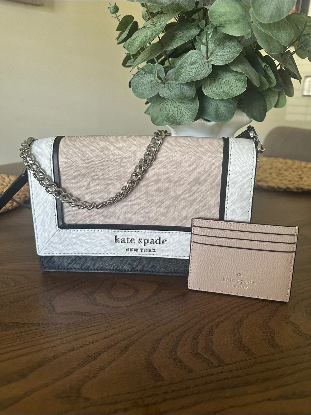 kate spade Tan Saffiano Leather Card Case with Gold Logo